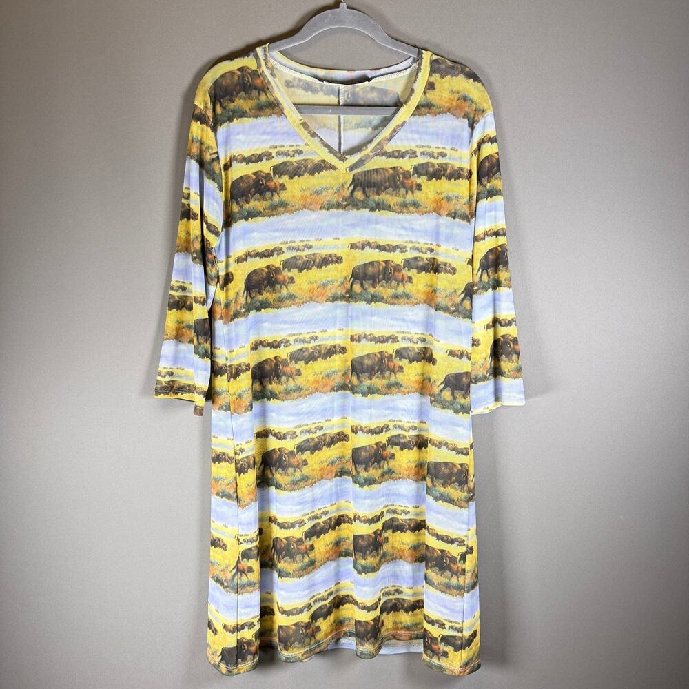 Lucky & Blessed mesh buffalo print dress - cowboy western artsy stretch size M